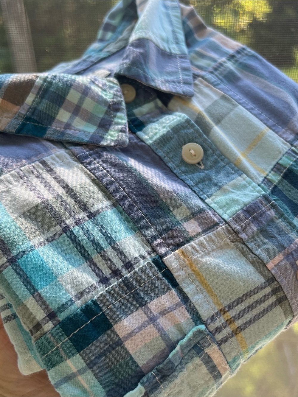 LL Bean Patchwork Madras Plaid Cotton Shirt Women’s Large Regular Blue Teal - Picture 13 of 14